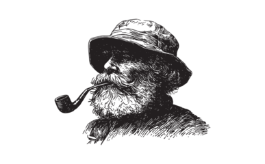 Black and White Illustration of Elderly Man in Hat Smoking Pipe – Vintage Half-Profile Portrait with White Beard and Classic Style