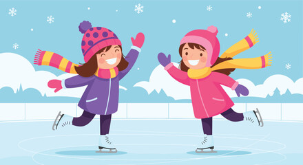 Two happy girls ice skating together on a cold winter day with snowflakes falling around them.