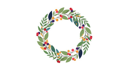 A beautiful round floral wreath composed of green leaves and colorful berries creating a festive seasonal decoration.
