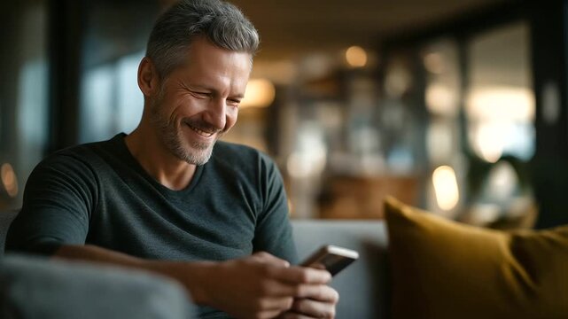 Mobile Browsing and Unwind with Male on Couch in Lounge of Residence for Online Network Browsing Application Interaction and Details with Individual Scripting in Flat for Web Hunt