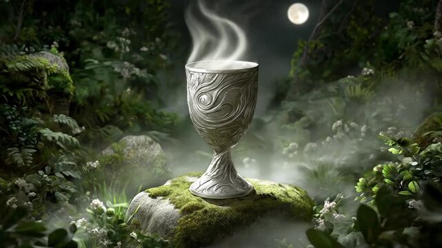 Ornate silver chalice with smoke and glowing orb in forest scene