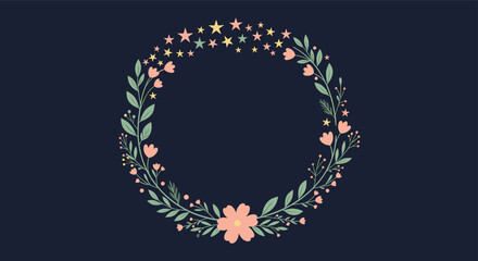 A delicate floral wreath with small blossoms and star accents on a deep navy background.