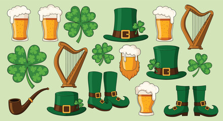 A collection of st patricks day symbols including shamrocks hats boots pipes and beer.