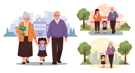 Grandparents walking with grandchildren to school on a sunny day.