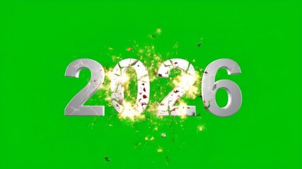 The year 2026 in metallic 3D numbers spectacularly explodes with fiery sparks. An isolated animation on a green screen chroma key background - Powered by Adobe