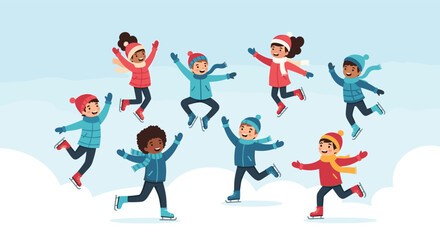 Children happily ice skating in a winter wonderland celebrating the cold season.