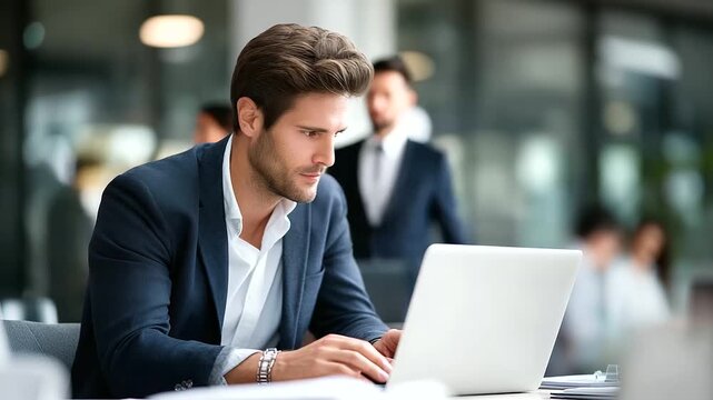 Business Male and Investigation on Laptop in Workplace for Message Composing Piece and Revising Outline Reporter Shared Space and Computer for Reviewing Update News and Title Data