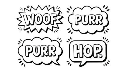 Fototapeta premium Four cartoon speech bubbles with woof purr and hop in black and white vector illustration on transparent background silhouette