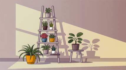 Cartoon Illustration Of Houseplants On A Ladder Shelf With Sunlight Shadows indoor plant potted plant