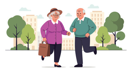 Elderly couple enjoying a brisk walk in the city park surrounded by trees and buildings.