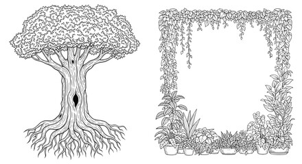 An old tree with exposed roots stands next to a floral border frame.