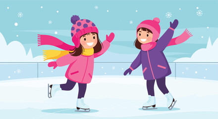 Two young girls enjoying ice skating on a chilly winter day with snowflakes falling.