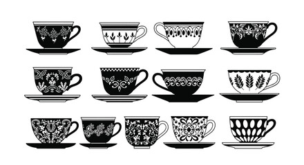 A collection of vintage teacups and saucers featuring elegant decorative patterns in black and white.