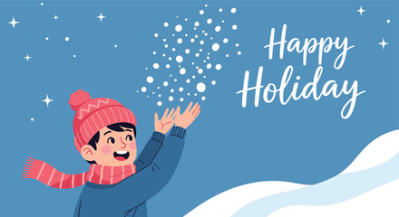 A young boy joyfully plays in the falling snow on a happy holiday.