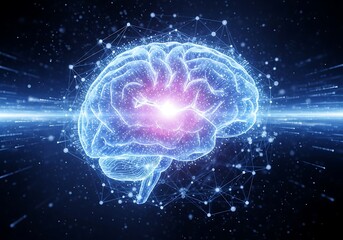 Hyper-realistic glowing human brain within a digital network of light lines and data nodes. Electric-blue tones, cinematic HDR lighting, and 8K sci-fi realism.