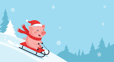 A happy pig wearing a santa hat and scarf sleds down a snowy hill.