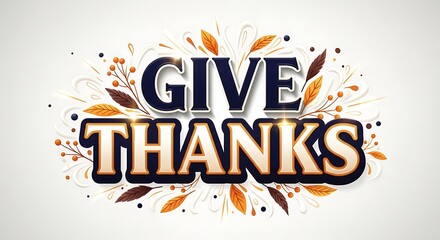 Give thanks text with autumn leaves and floral elements isolated on white background