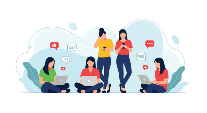 Young people are interacting with their devices and social media.