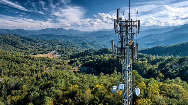 Cell tower rises above evergreen forest in mountain valley at sunset, Modern communication tower stands tall amidst a lush green mountain forest, 4k video