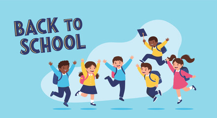 Excited children in backpacks joyfully jumping in the air for back to school celebration.