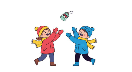 Two happy children in winter clothing are playing a snowball game together outside.