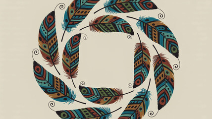 Circular Wreath of Ornate, Colorful Feathers in a Bohemian Style bird feathers patterned