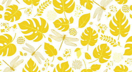 A vibrant yellow pattern featuring tropical monstera leaves and delicate dragonflies on a white textured background.