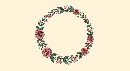 A delicate circular floral arrangement of pink roses and green leaves on a soft beige background.