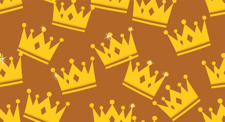Golden crowns pattern with sparkling highlights on a warm brown background