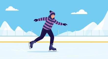 A person gracefully ice skating on a frozen rink during a winter day.