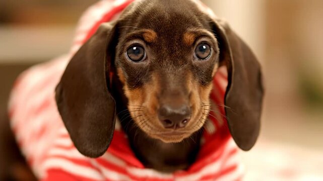 Dachshund Puppy in Red and White Stripes - A close-up shot reveals the adorable face of a brown dachshund puppy with big, expressive eyes.