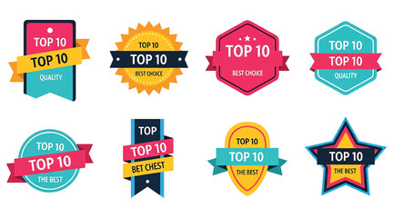Vector art of collection of top 10 vector badges, featuring diverse designs and vibrant colors, perfect for highlighting bestselling items and quality products