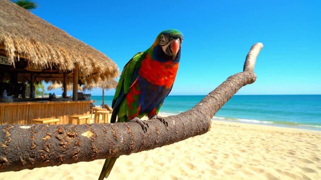 Colorful parrot perched on a branch at beach with blue sky