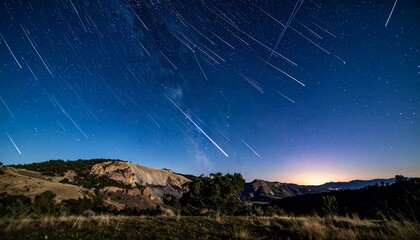 Celestial spectacle captured in a long exposure of a meteor shower streaking across a starry night sky over a serene landscape
