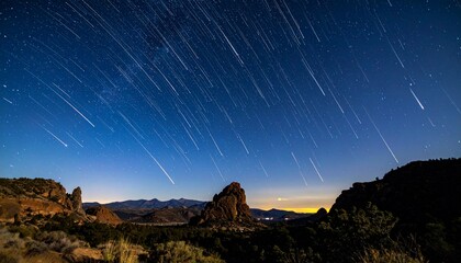 A meteor shower lights up the night sky, with shooting stars streaking above a rugged landscape, creating a breathtaking celestial spectacle