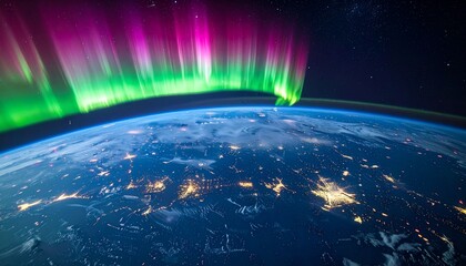 Mesmerizing Aurora Borealis dances vibrantly across the upper atmosphere, illuminating the curving horizon of Earth's surface adorned with scattered city lights from space