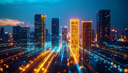 Fototapeta premium Abstract Skyline as Economic Circuit – Digital City with Data Veins