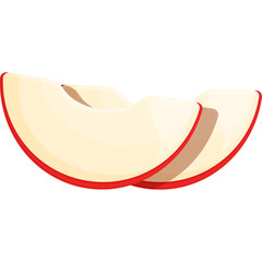 Two Cartoon Sliced Apple Wedges with Red Skin and White Flesh on a Transparent Background
