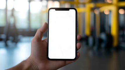 Hand holding a smart phone with a white screen. Blank screen, no logo, phone is black. Gym in background, out of focus. Modern design and technology combine. Fitness app concept.