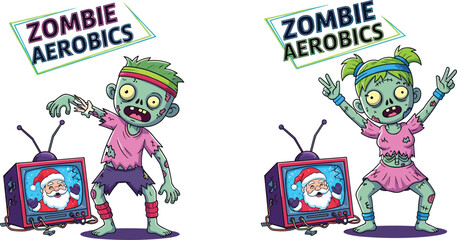 Zombie aerobics, cartoon workout, undead fitness, Santa TV, funny horror, festive exercise, green zombies, holiday theme, surreal gym, creepy fun