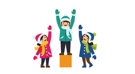Fototapeta premium Children celebrating their victory on a podium during winter holidays.