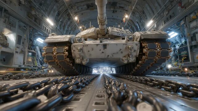 202Close-up perspective of tank tracks and armored body inside cargo plane, thick securing chains and hooks anchoring it, metallic panels and overhead lights adding depth