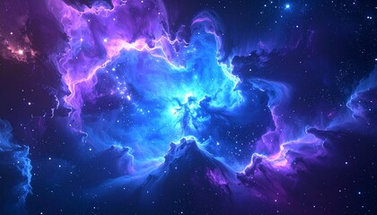 Vibrant cosmic nebula with glowing blue and purple gas clouds in a star-filled galaxy, representing the vastness of the universe and astronomy