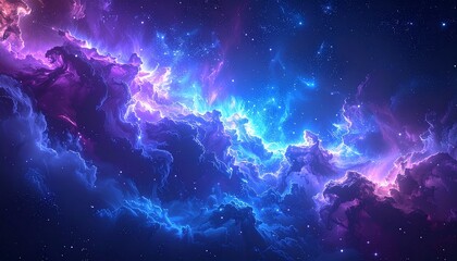 Breathtaking cosmic nebula with swirling blue and purple gas, sparkling stars, and vibrant interstellar dust, creating an awe-inspiring celestial spectacle in the vastness of space