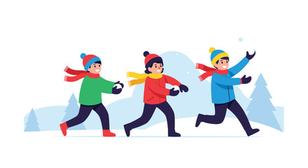 Children gleefully engage in a playful snowball fight on a snowy winter day.