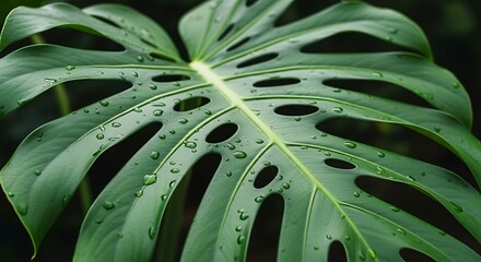 Close-up Lush Monstera Deliciosa Leaf with Water Droplets Botanical Image