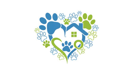 Heart shaped silhouette of a house and pets with paw prints and floral elements