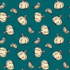 hand drawn garlic seamless pattern with cloves on emerald green background vector kitchen cooking backdrop healthy food spice vegetable