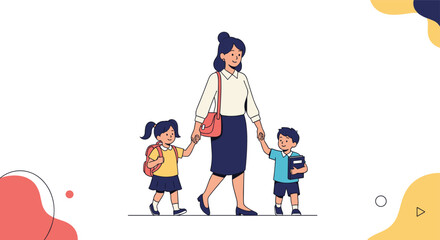 Fototapeta premium A caring teacher guides young students to school with backpacks ready for learning and exploration.
