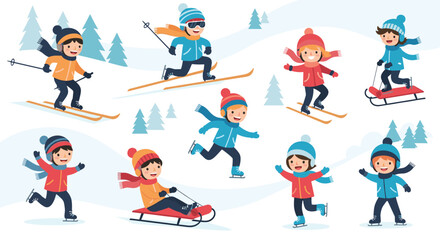 Obraz premium Children enjoying various winter activities on a snowy slope.